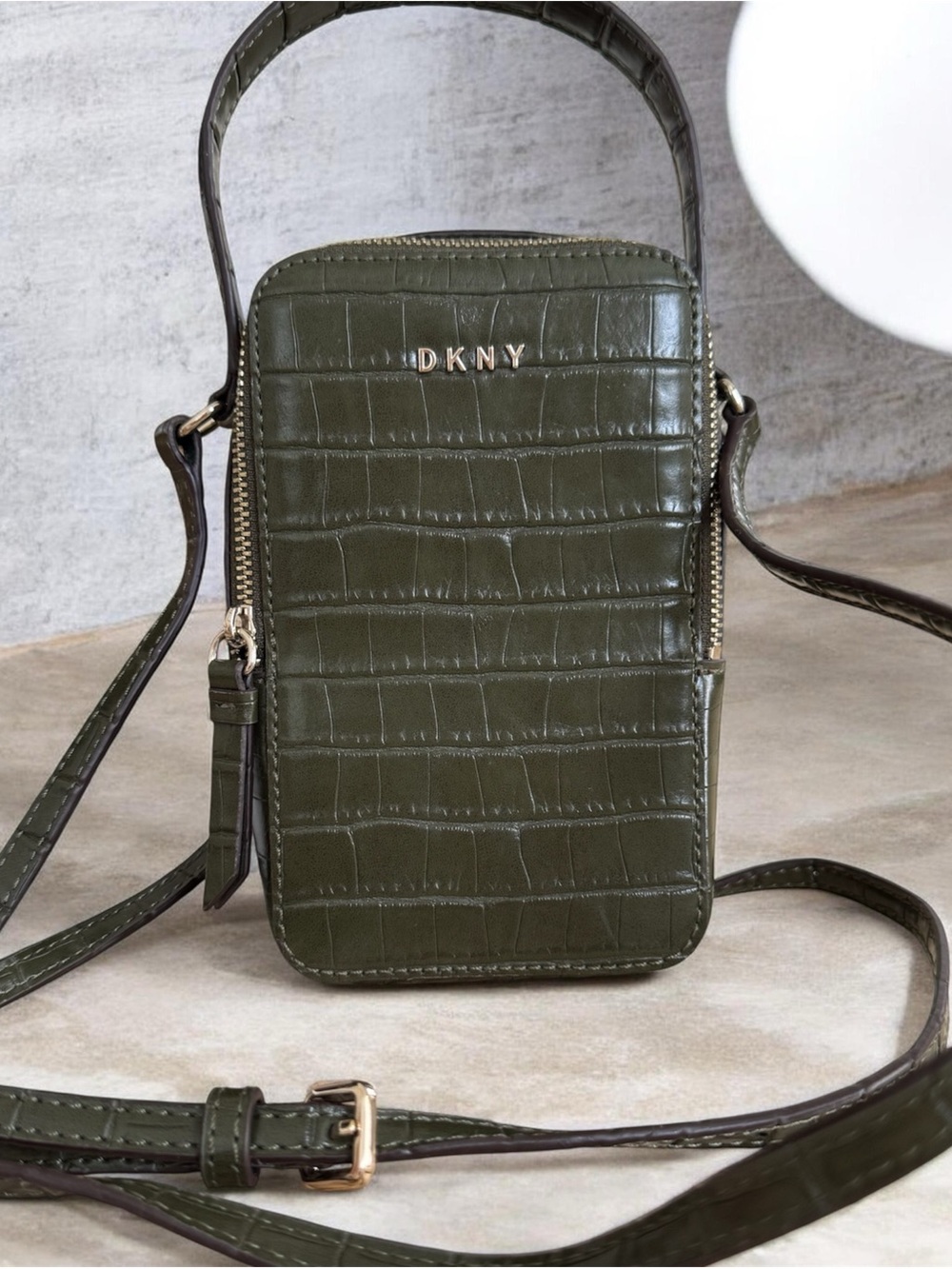 DKNY Olive Croc-Embossed Leather Crossbody Phone Pouch